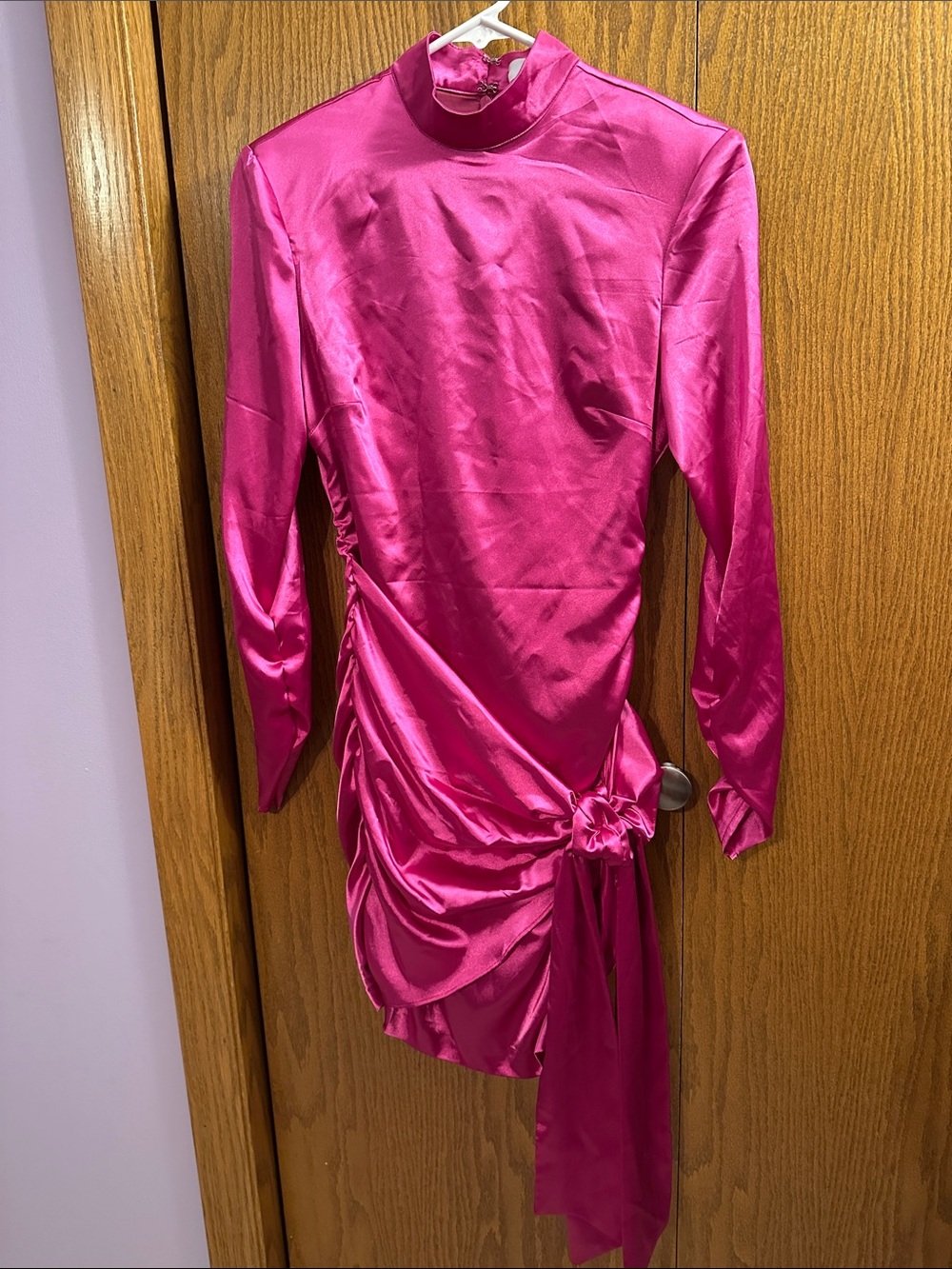 Likely Hot Pink Satin Long-Sleeve Knot Side Dress size 0.